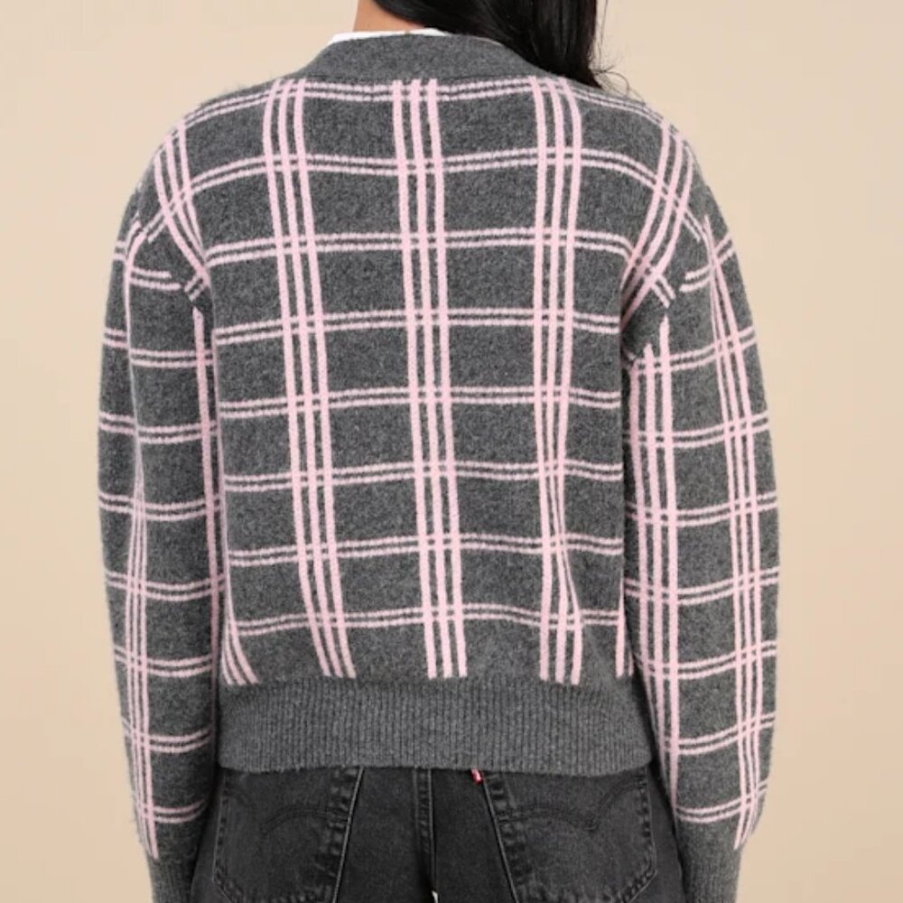 NWT • Lulus • Charcoal Grey and Pink Plaid Cardigan - Picture 3 of 10